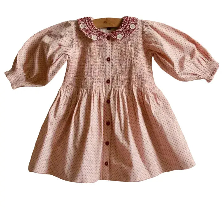 Robe Tunique pois Rouge sur Fond Rose et sa Barrette Assortie Bonjour