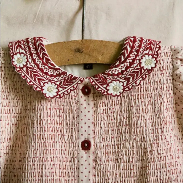 Robe Tunique pois Rouge sur Fond Rose et sa Barrette Assortie Bonjour