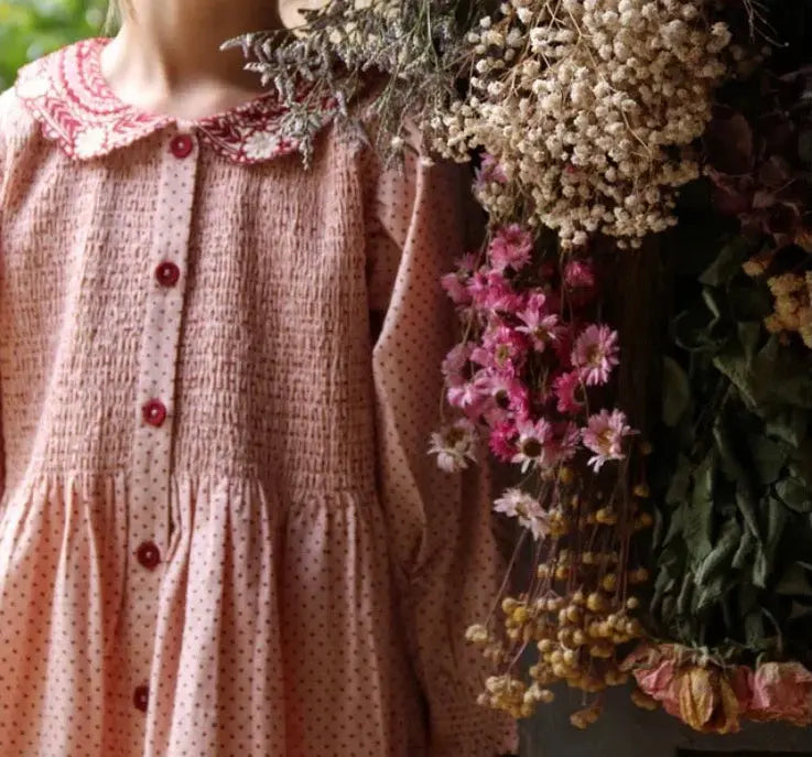 Robe Tunique pois Rouge sur Fond Rose et sa Barrette Assortie Bonjour