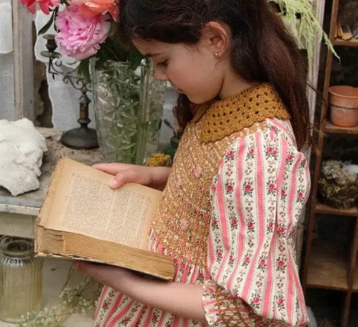 Blouse A Smocks Rayure Tapisserie Rose et son Col Crochet Amovible Bonjour