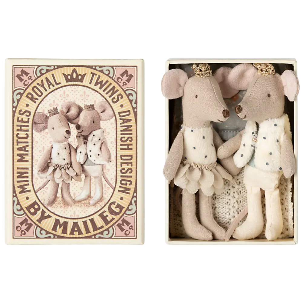 Jumeaux Royaux petit(e) soeur et frère Souris dans leur boîte assortie Maileg