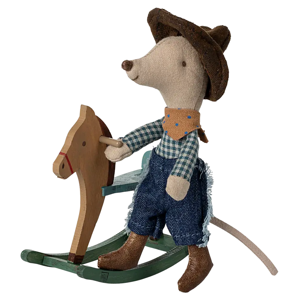Souris Cowboy sur son Cheval a Bascule Petit frère Maileg