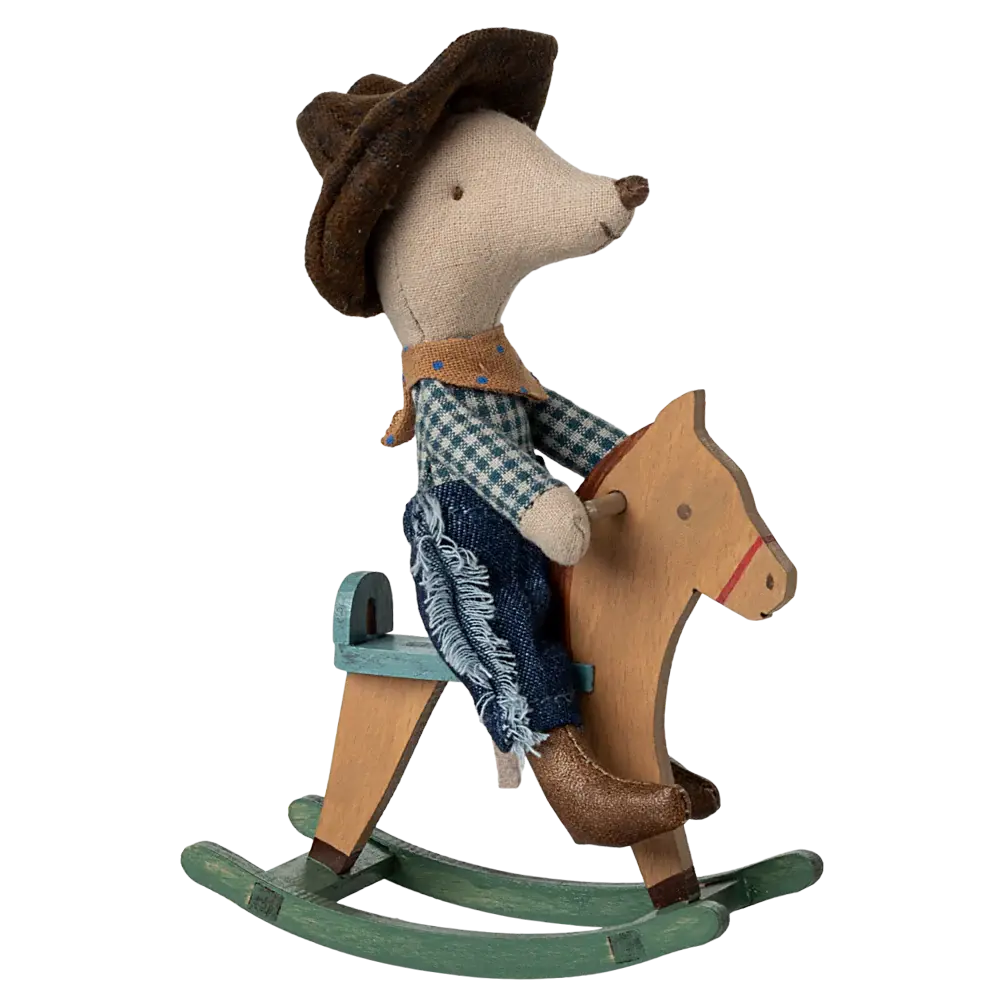 Souris Cowboy sur son Cheval a Bascule Petit frère Maileg